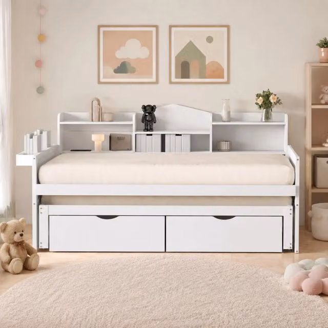 Divano Letto Singolo 90x200 cm con Letto Estraibile 90x190 cm, 2 Cassetti, Contenitore, Cesto Laterale e Porta USB, Bianco