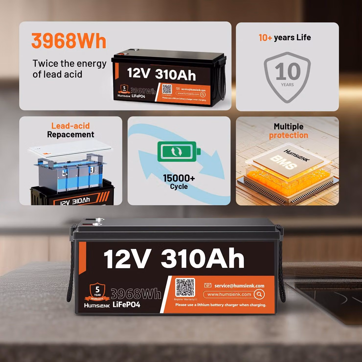 Batteria LiFePO4 - Batteria al litio - Batteria per camper - Set di batterie - 2 batterie da 12V 310Ah - Sistema di gestione della batteria (BMS) da 100A integrato