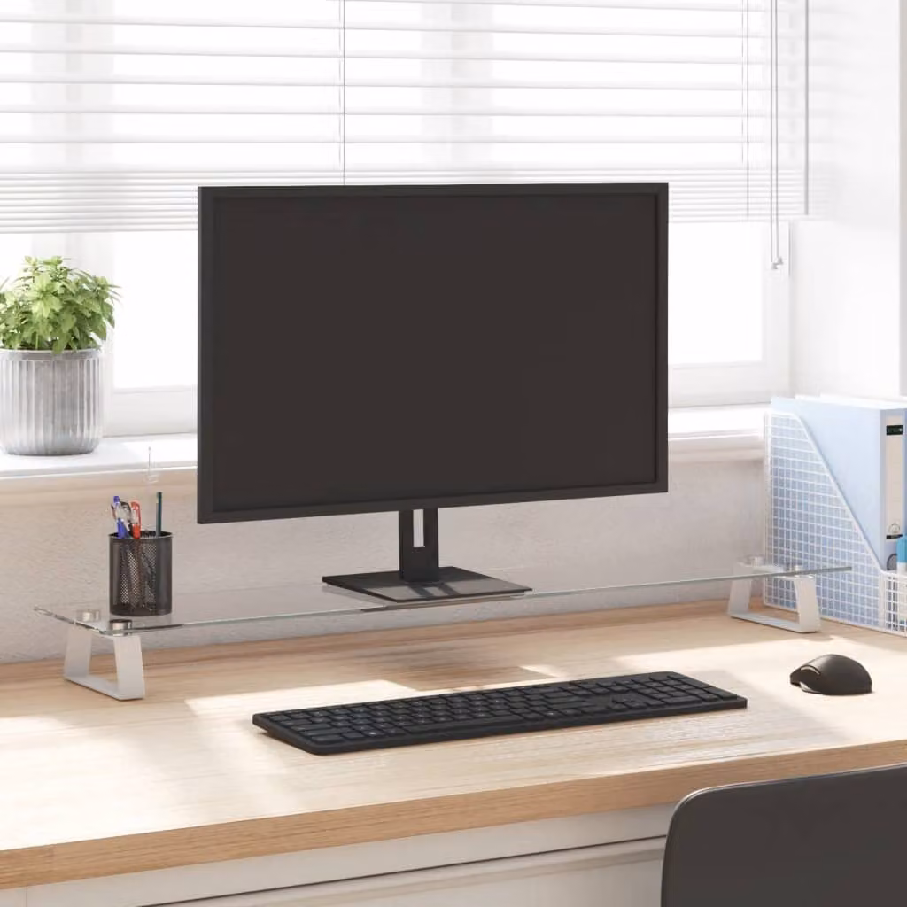 Supporto per monitor vidaXL in vetro temperato e metallo, colore bianco e trasparente, L 100 x P 20 x H 8 cm