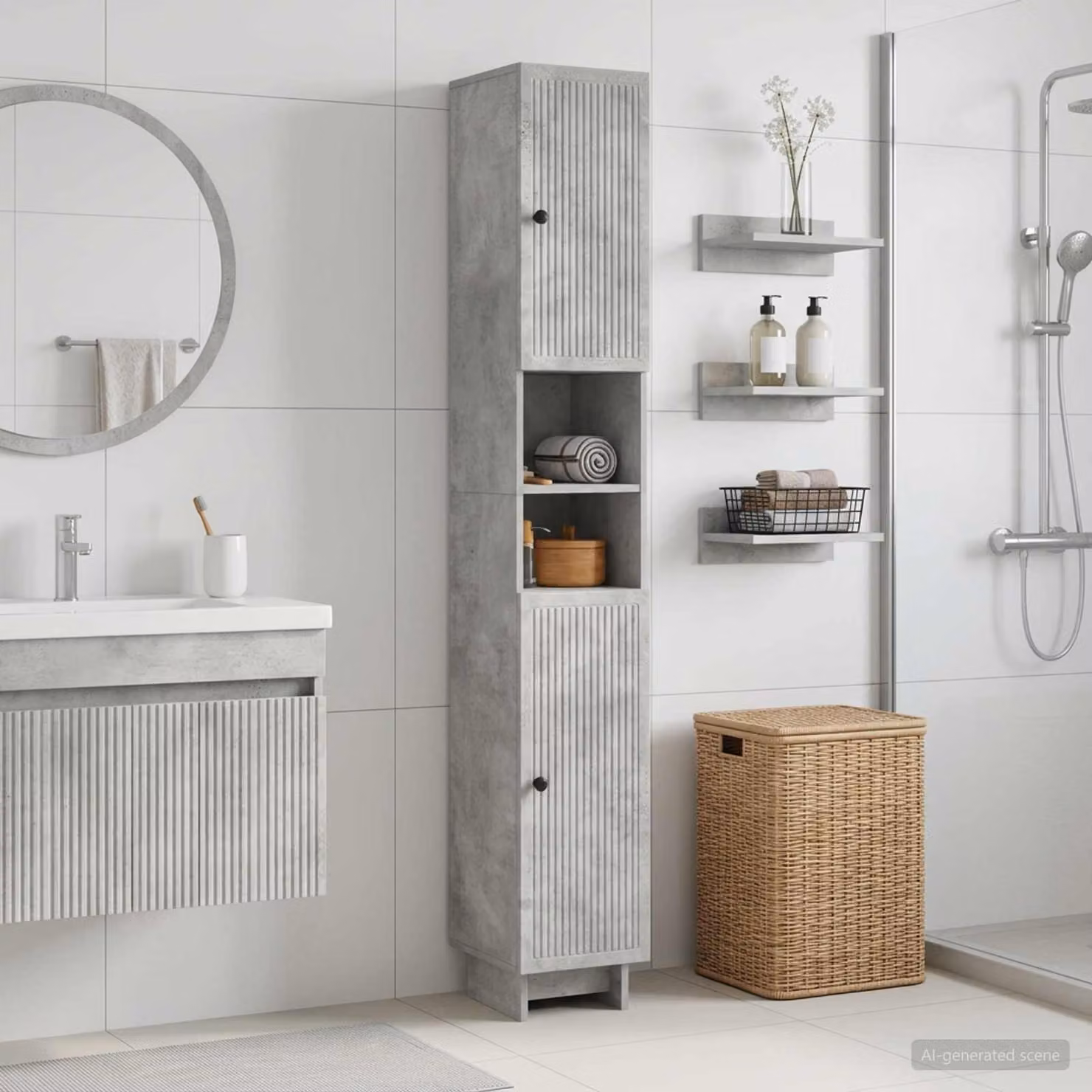 Armadio da bagno moderno vidaXL EDE con ripiano aperto e ante a battente, Grigio e Nero, H: 190 cm, L: 31 cm, P: 30 cm