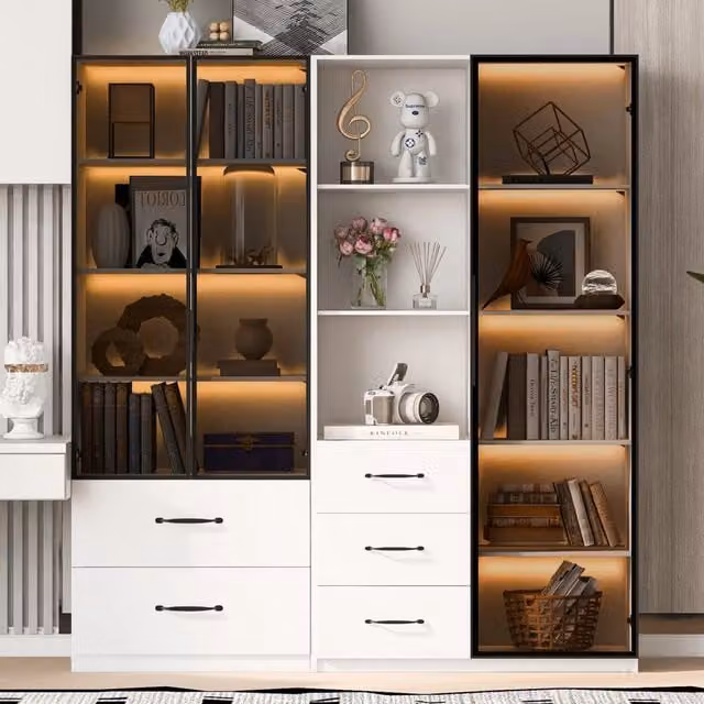 Vetrina LED per soggiorno; libreria con ante in vetro; truciolare bianco; 140 x 40 x 160 cm