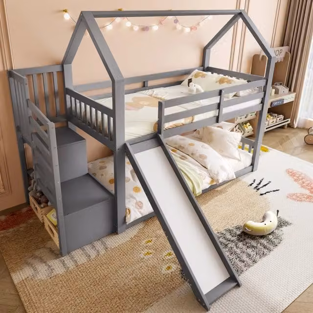 Letto a castello per bambini 90 × 200 cm con scala contenitore, scivolo e barriere, senza materasso, grigio
