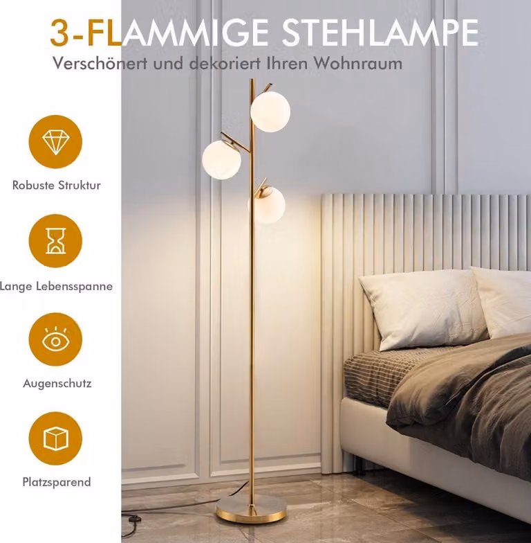 Lampada da terra a 3 luci con pratico interruttore a pedale e lampada da lettura con base E27
