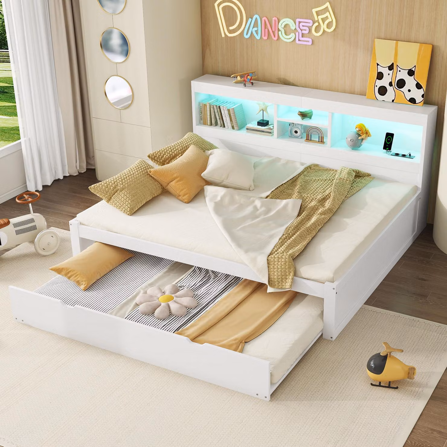 Letto imbottito 140x200 cm con spazio contenitore, illuminazione LED e porte USB/Type-C, struttura in tessuto di lino color beige, completo di rete a doghe, ideale per la camera da letto