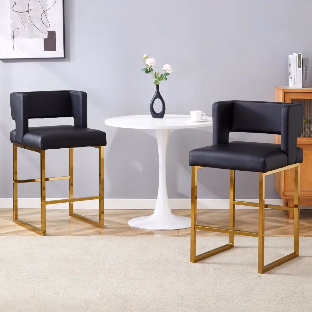 Set di 2 sedie da bar Zephmum in stile nordico con seduta in ecopelle nera e gambe in metallo oro – 2