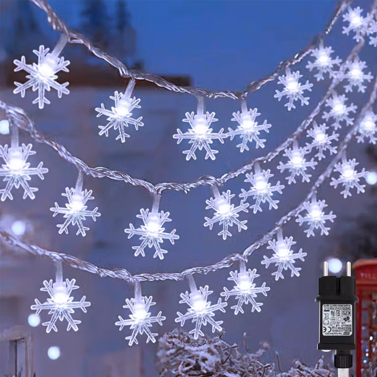 Catena luminosa a forma di fiocchi di neve, 15 metri, 100 LED, luce bianca fredda, grado di protezione IP44, con timer