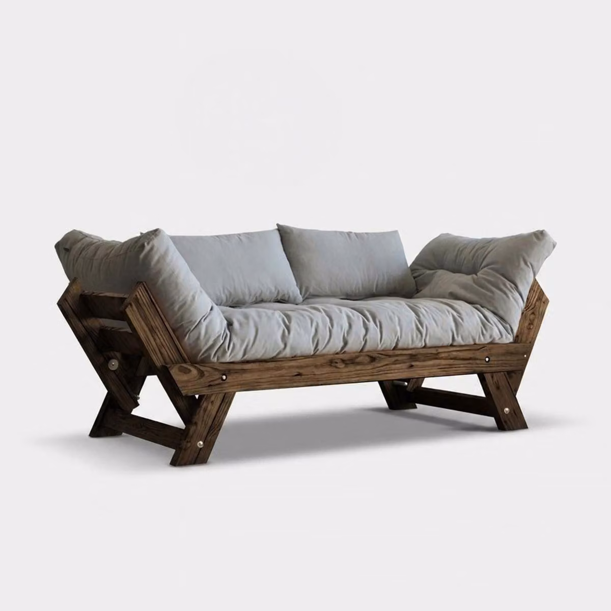 Divano letto in legno SORAI con rivestimento in lino idrorepellente e schienale regolabile - Noce