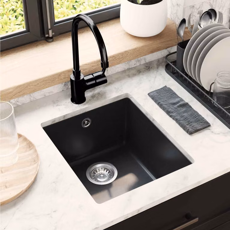 Lavello vidaXL in quarzo e resina, colore nero, L: 37 cm, P: 46 cm, H: 20 cm