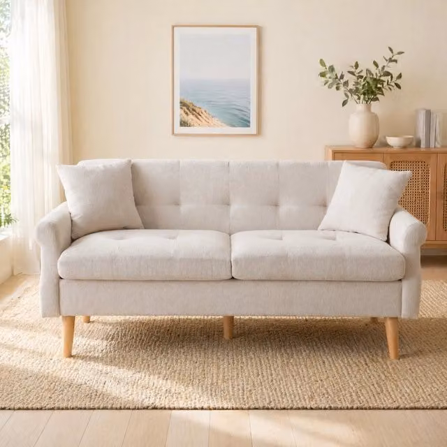 Divanetto 2 posti in ciniglia beige con cuscini e gambe in legno massello; 162 x 74 x 77 cm