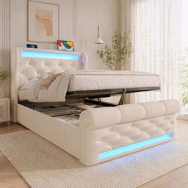 Letto 90x200 cm in velluto beige con LED, contenitore idraulico e prese USB + Type-C