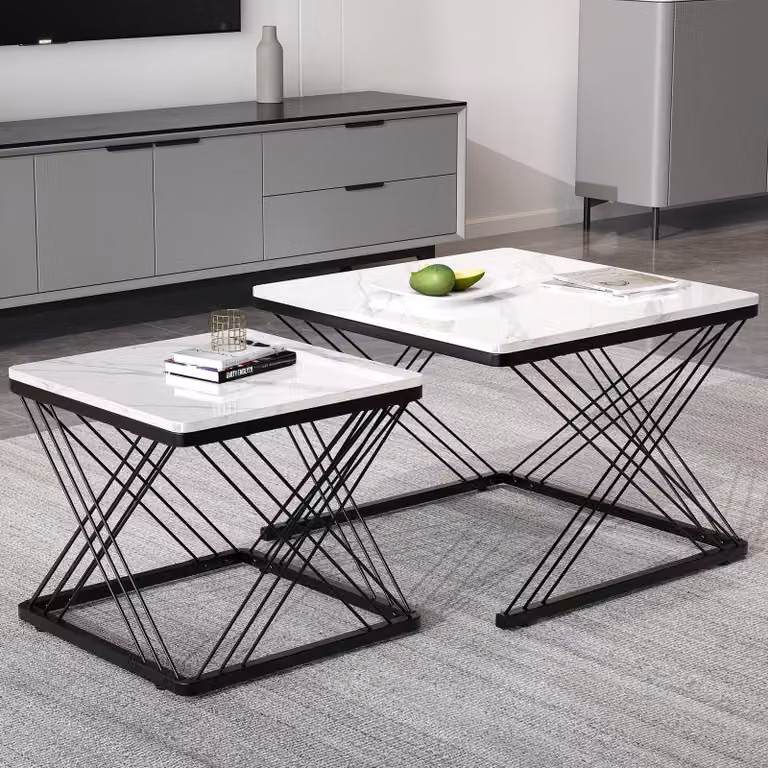 Set di tavolini da salotto Merax, 2 pezzi, quadrati, con aspetto marmorizzato, piedini regolabili in altezza, capacità fino a 30 kg, colore bianco