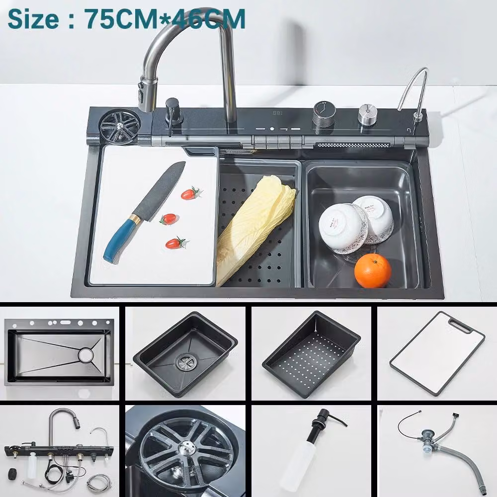 Lavello da cucina – Lavello da incasso, vasca singola – Miscelatore a cascata con controllo touch – Display digitale – Acciaio inossidabile 304 – Finitura spazzolata – Grigio 202