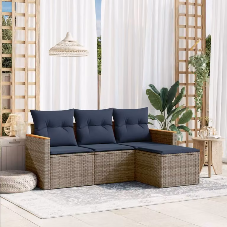 Set di divani da giardino vidaXL a forma di L in rattan con cuscini, composto da 4 pezzi, colore grigio e blu con struttura in metallo e coperture rimovibili