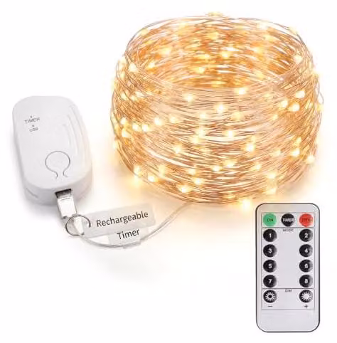 Luci decorative a LED, lunghezza 5 metri / 50 LED, ricaricabili, con telecomando, luce bianco caldo