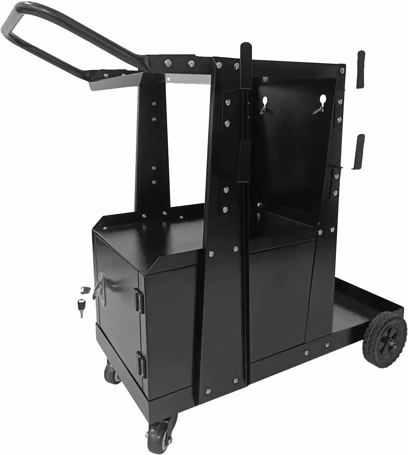 Carrello per saldatrici, realizzato in ghisa, con una capacità di carico di 100 kg, dimensioni 60 cm x 40 cm x 90 cm, compatibile con saldatrici MIG/TIG e taglierine al plasma, dotato di ganci e catene di sicurezza