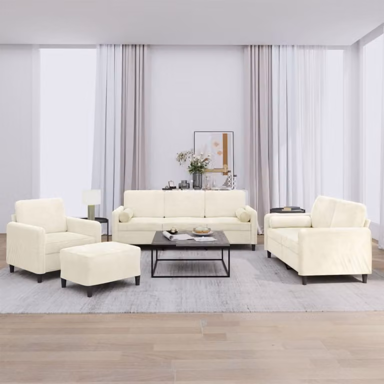 set divano 4 pezzi con cuscini in velluto crema