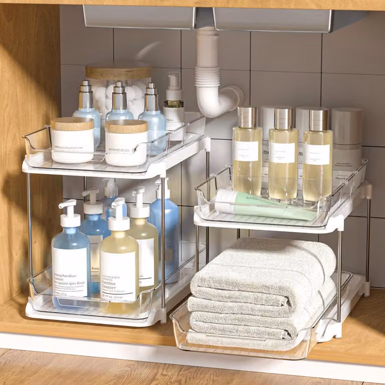 Organizzatore estraibile per armadietti da cucina, 2 ripiani, bianco, trasparente, in acrilico e alluminio, dimensioni 20x33,5x23cm/27cm