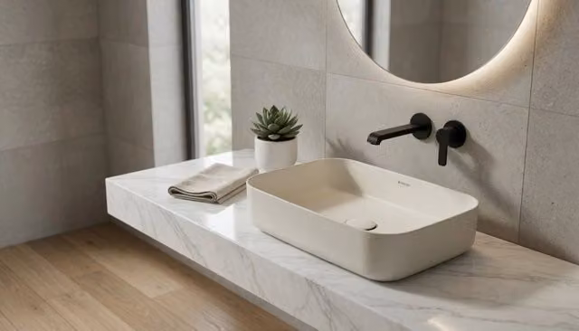 Lavabo rettangolare da appoggio senza troppo pieno in ceramica senza foro rubinetto - Avorio Opaco
