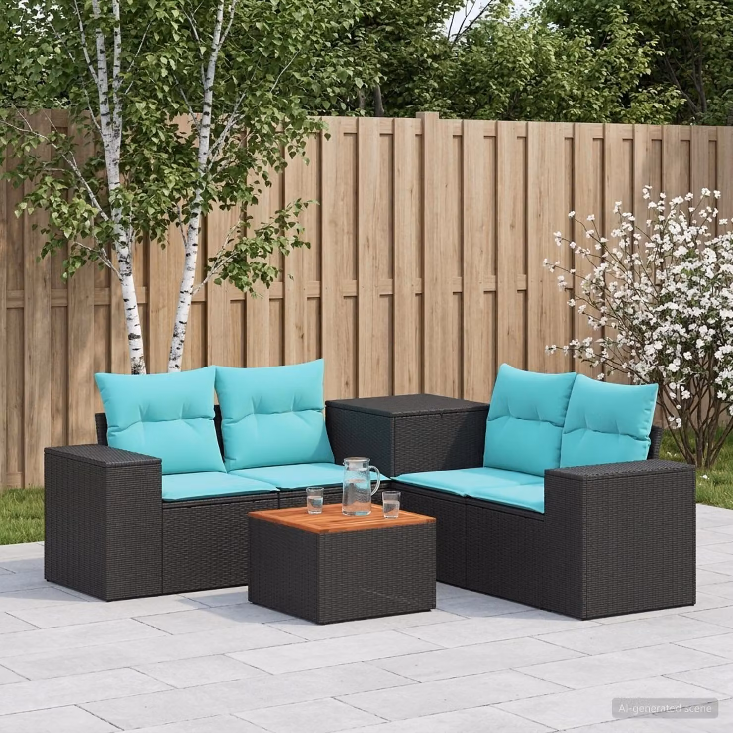 Set di divani da giardino vidaXL a forma di L composto da 6 pezzi con cuscini, colore nero e blu, in rattan e acciaio verniciato a polvere