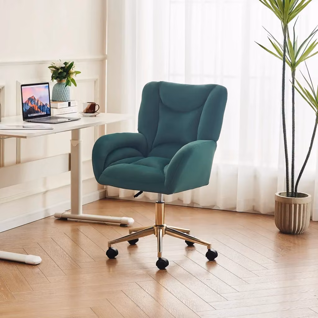 Sedia da ufficio ergonomica OKWISH in velluto verde con base in metallo dorato e ruote girevoli 360 gradi – 2