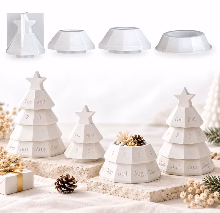 Set di 4 stampi in silicone per Natale: calendario dell'Avvento, albero tridimensionale, stella