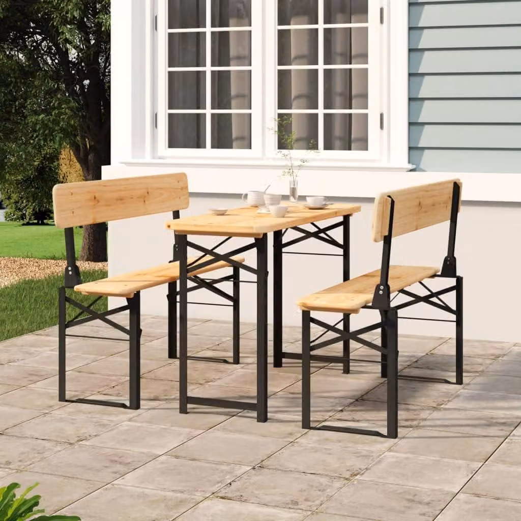 Set da tavolo pieghevole per birra, composto da 3 pezzi, realizzato in legno massello di abete, dimensioni 115,5 x 46 x 75 cm, con struttura in metallo robusta, ideale per giardino, campeggio, picnic e feste all'aperto