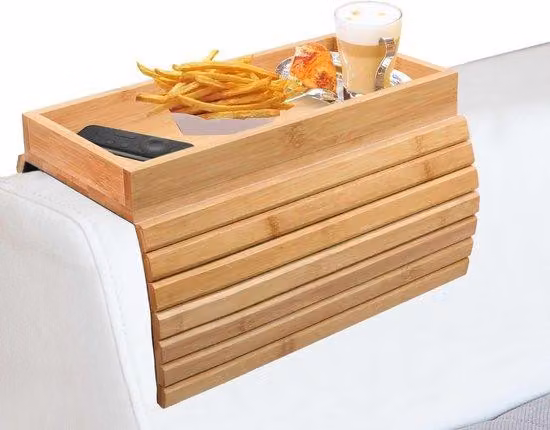 Tavolino per braccioli, mobiletto pieghevole per snack, telefono e bevande, design antiscivolo e ideale per il soggiorno