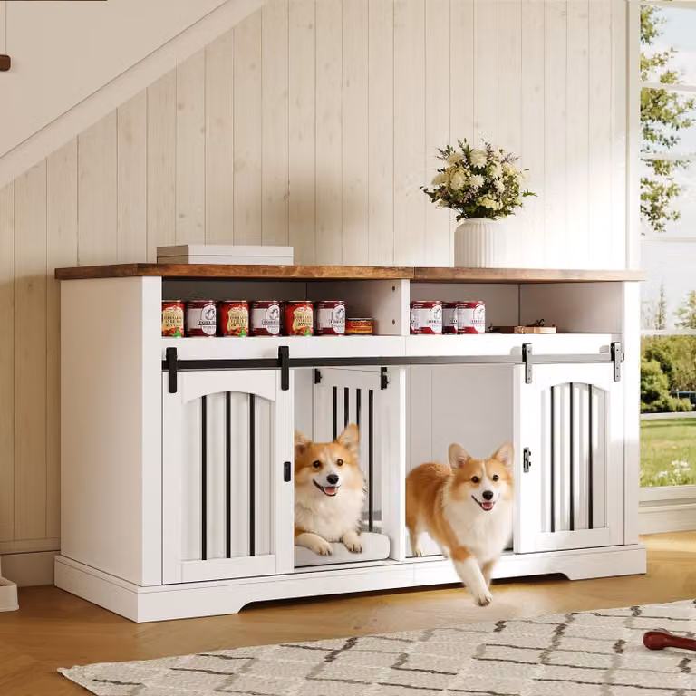 Merax: cassettiera per gabbia per cani, mobile 2 in 1 con porta scorrevole e divisorio, gabbia per 1-2 cani, bianco