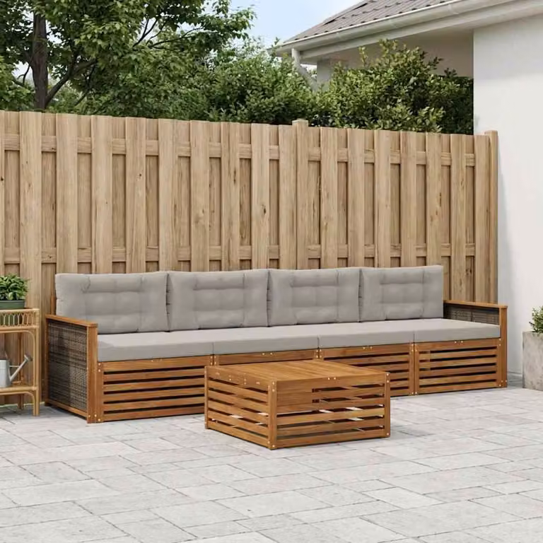 Set di divani da esterno a L vidaXL in legno di acacia con tavolo da caffè, 5 pezzi, beige e grigio