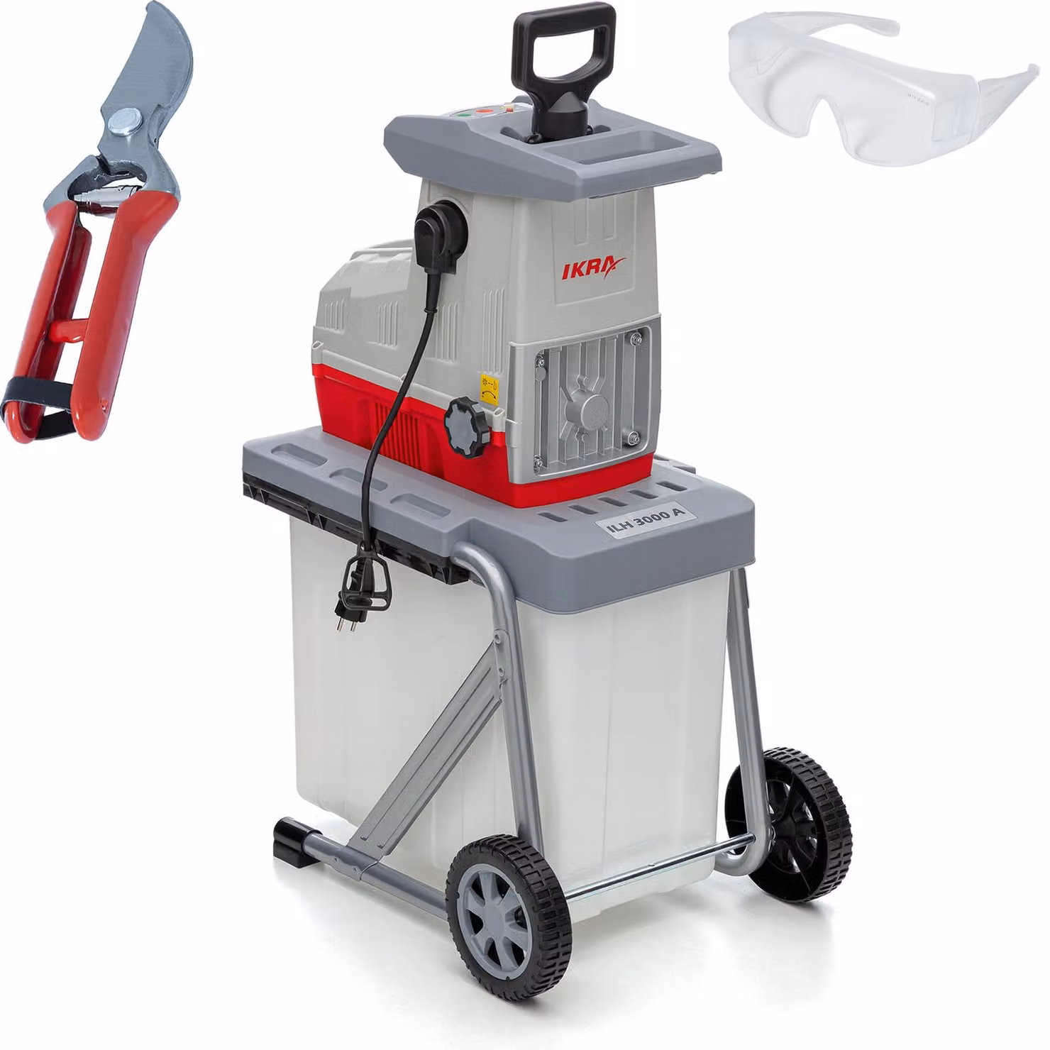 Trituratore elettrico a rulli IKRA Trituratore da giardino ILH 3000 A | 3000 W | Rami fino a 44 mm | Alimentazione automatica dei rami e ritorno automatico | Con contenitore di raccolta da 60 l, forbici e occhiali protettivi