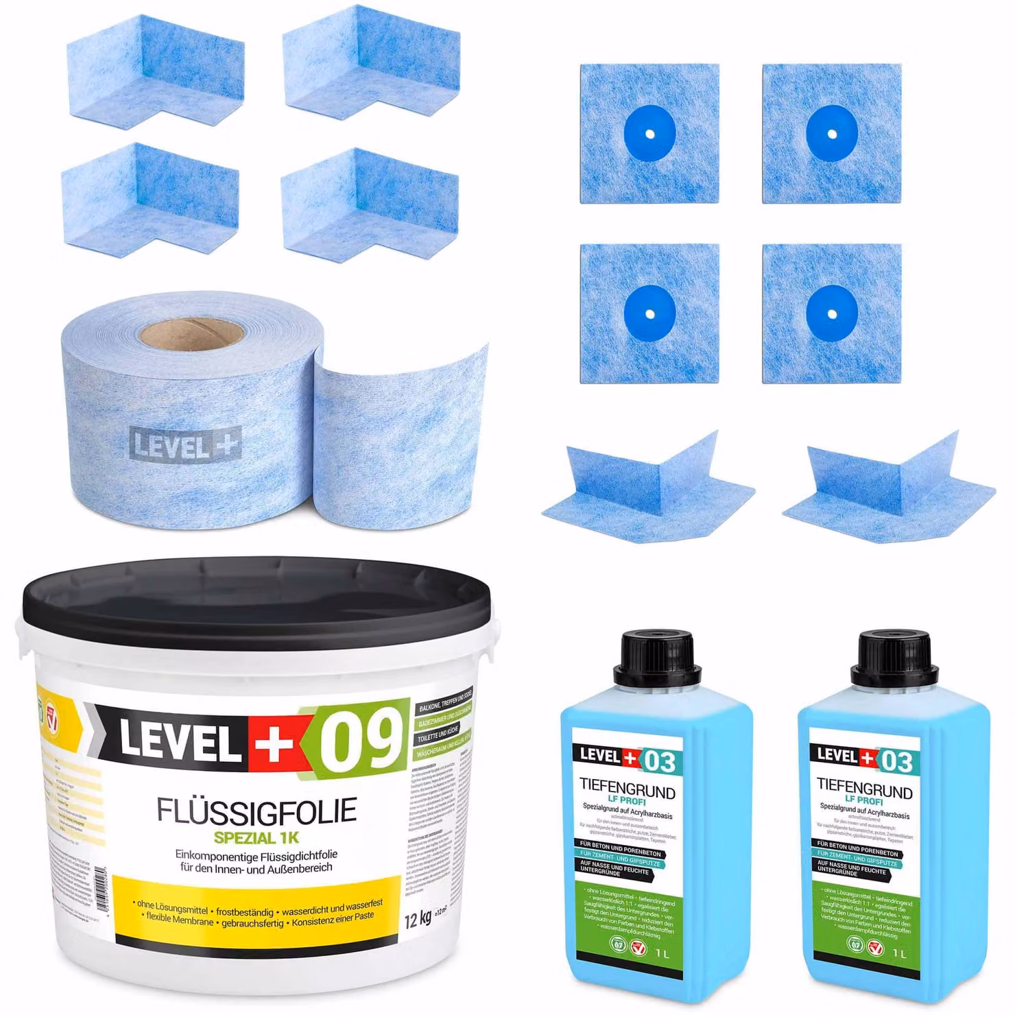 Kit di impermeabilizzazione Foglio liquido 12 kg Nastro sigillante 15 mb Primer Bagno doccia Level+ SET66