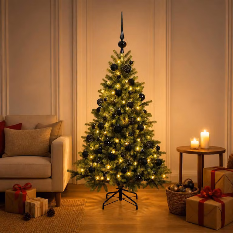 Albero di Natale artificiale con decorazioni natalizie, altezza 150 cm, 150 luci LED
