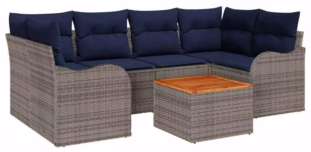 Set da giardino composto da 7 pezzi, colore grigio, realizzato in rattan sintetico