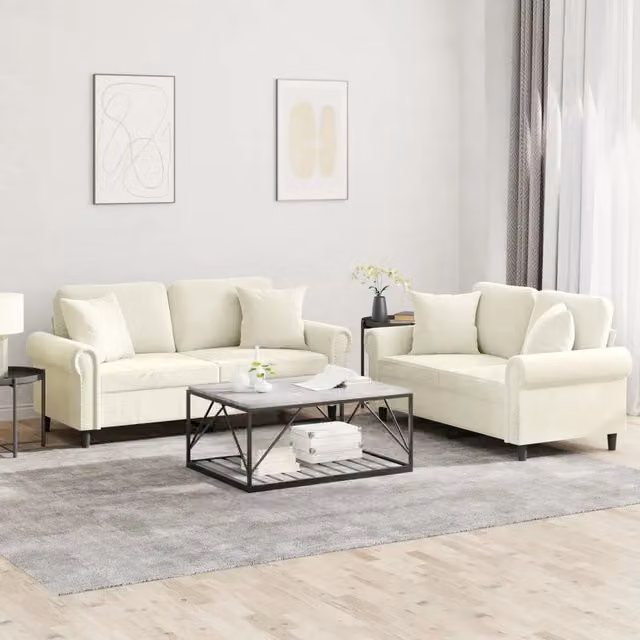 Set di 2 divani vidaXL in velluto beige e bianco con cuscini per soggiorno in stile moderno