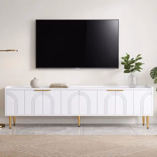 Cassettiera TV moderna KOMHTOM bianca in MDF e metallo con passacavi L: 170 cm, P: 35 cm, H: 47,5 cm