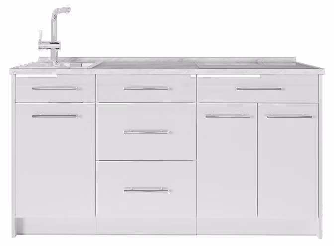 Cucine componibili piccole Vicco Fame-Line Bianco lucido/Bianco 150 cm, PL Marmo, Model 65331