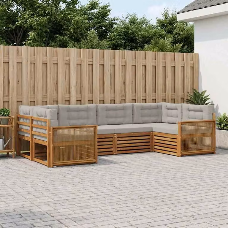 vidaXL Set di divani da esterno a forma di U composto da 6 pezzi in legno di acacia con cuscini beige e grigio