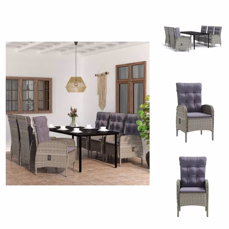 vidaXL set da pranzo da giardino 7 pezzi con cuscini grigio e nero - Set di mobili da giardino