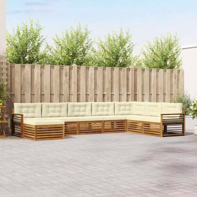 Set di divani da esterno a L con ottoman vidaXL in legno di acacia, 8 pezzi, beige e bianco