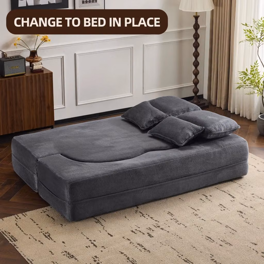 Divano letto da pavimento moderno WISHDOR in velluto blu e grigio con schiuma ad alta densità e 4 cuscini – 2