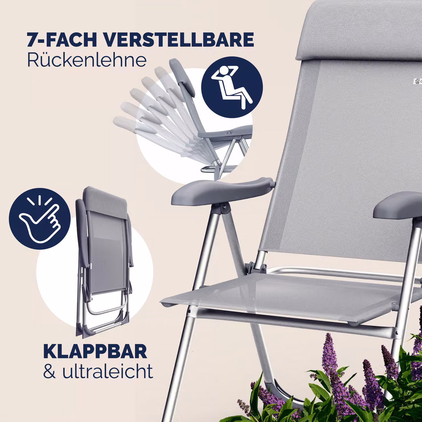 Set di 4 sedie da giardino Casaria in alluminio verniciato a polvere e tessuto grigio e argento, con cuscini inclusi, L: 57 cm, H: 109 cm – 3