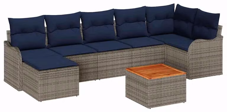 Set da giardino composto da 8 pezzi, colore grigio, realizzato in rattan sintetico