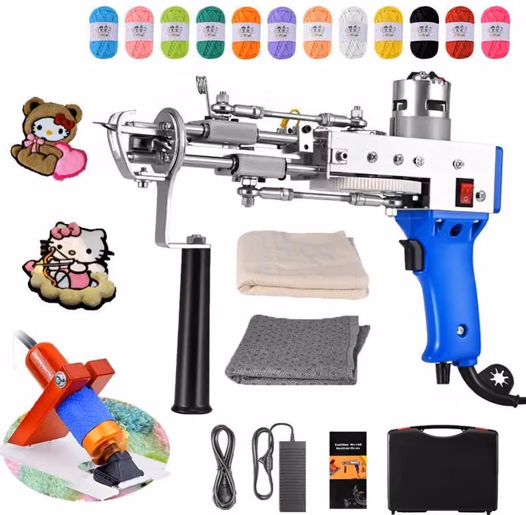 Pistola tufting elettrica, set 2 in 1, set E, rosso, con rifinitore per tessuti e tappeti per la produzione di tappeti