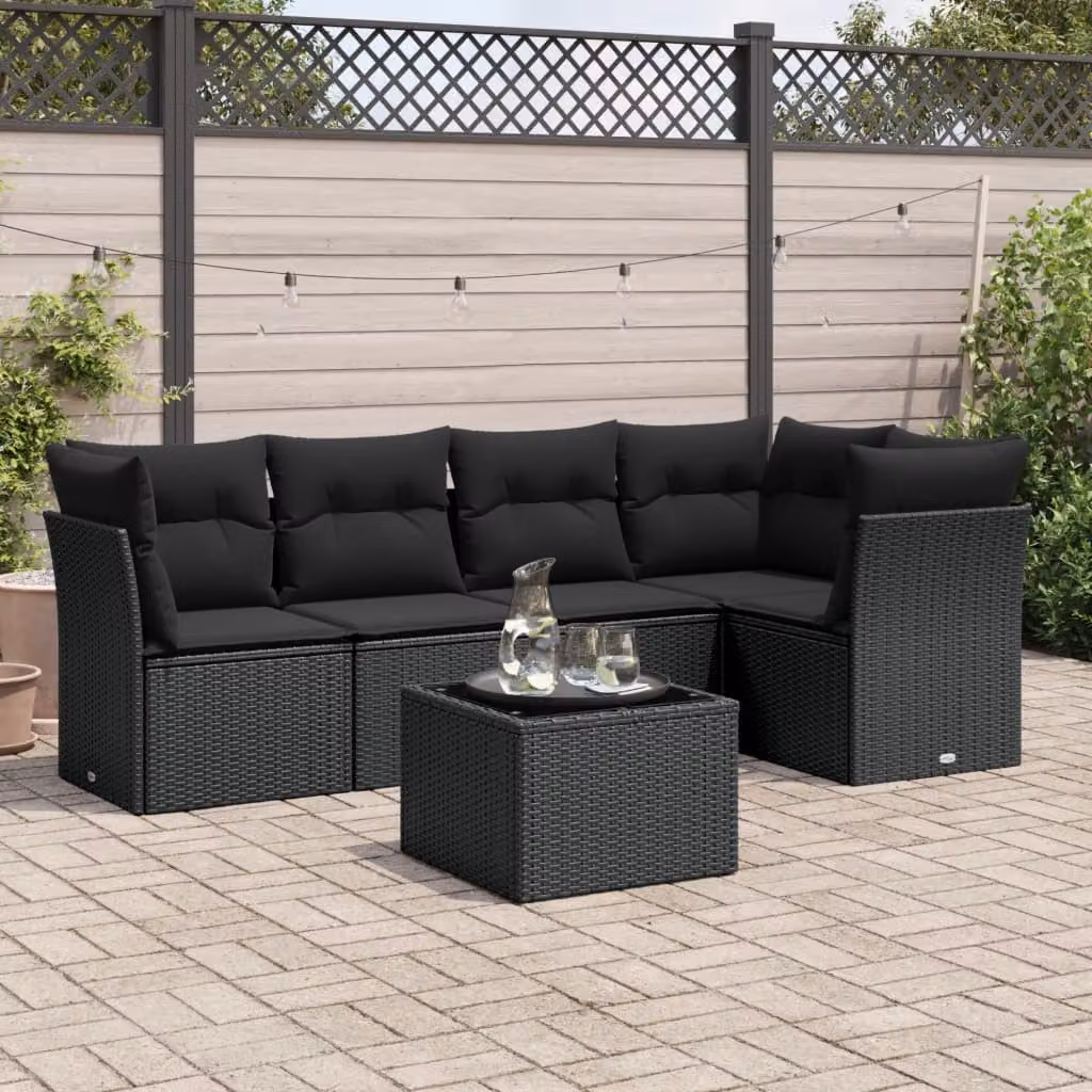 vidaXL Set Divano da Giardino a L 6 pz in Polyrattan Nero con Cuscini e Tavolino da Esterno – 1