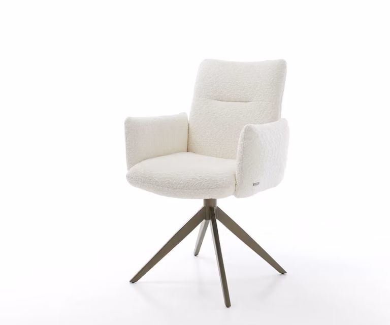 Sedia girevole DELIFE Jova-Flex con braccioli, rivestita in tessuto bouclé bianco, struttura a croce, finitura effetto titanio, rotazione a 360°, imbottitura a molle insacchettate