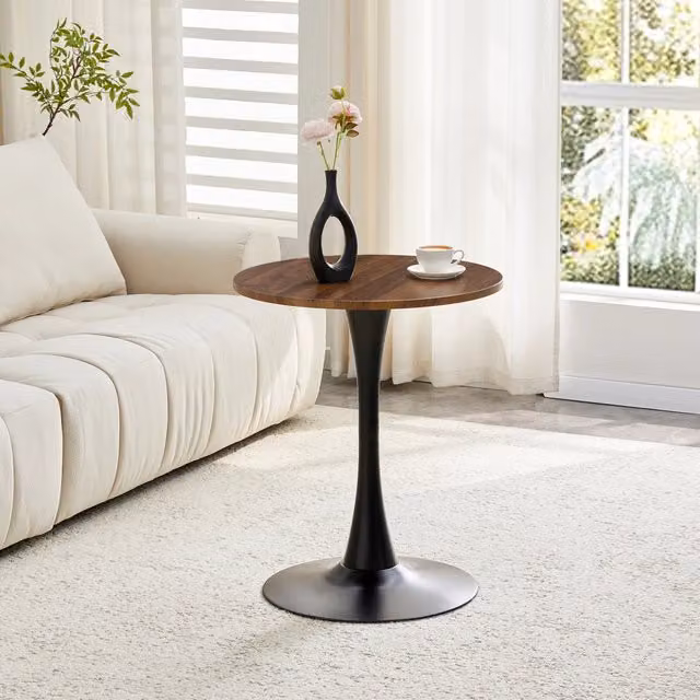 Tavolo rotondo da appoggio in MDF effetto noce con base nera stabile e piano resistente