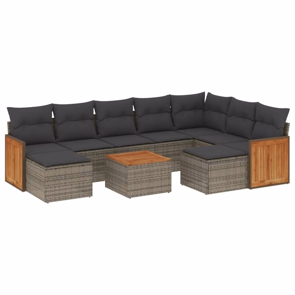 Set Divano da Giardino 10 pz con Cuscini Grigio in Polyrattan