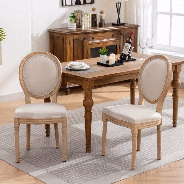 Sedia da sala da pranzo OKWISH in legno massiccio con rivestimento in tessuto beige e schienale imbottito in stile classico