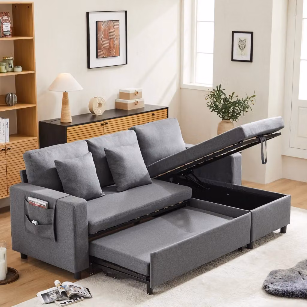 Divano letto MIVRAY a 3-4 posti con chaise longue reversibile e vano contenitore, tessuto grigio, L: 219,5 cm, P: 83 cm, H: 142,5 cm – 2