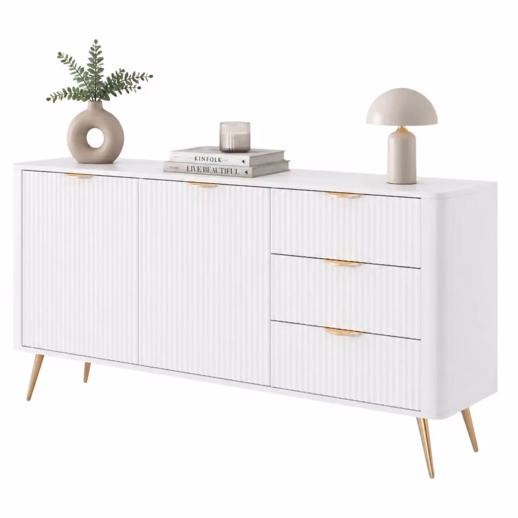 Madia Halilala DMORA con 3 cassetti, credenza moderna in legno e metallo, Bianco e Oro, L: 163 cm, P: 38 cm, H: 81 cm – 2